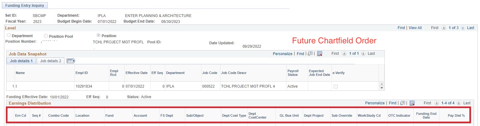 Example of the new chartfield order within a Funding Inquiry